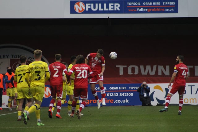 Jordan Tunnicliffeheads the ball. Crawley Town v Tranmere Rovers. Pictures by Cory Pickford SUS-220122-162056004