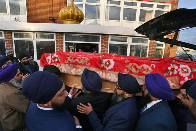 Mourners gathered at Gurdwara Baba Budha Sahib Ji Temple at Royce Road before a service at Peterborough Crematorium.
