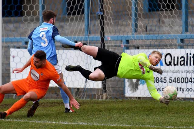 Ash Bodycote saves an early Bugbrooke chance