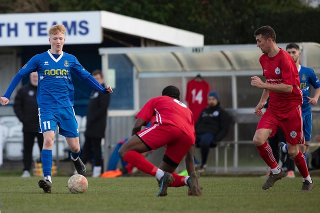 Action from the 1-1 SCFL division one draw between Selsey and Shoreham at the High Street Ground / Picture: Chris Hatton