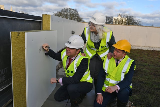 Topping out ceremony at the new ARU Peterborough site at Bishop's Road. Cllr Lynne Ayres with Mayor Dr Nik Johnson and Prof. Ross Renton EMN-220214-145113009