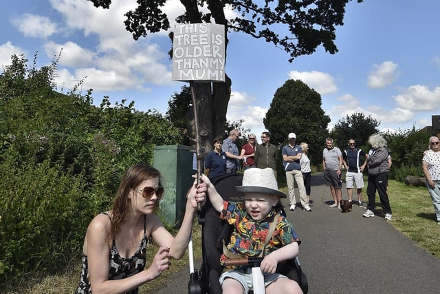 Protest to stop of the felling of an old oak tree at Ringwood, Bretton pictured in July last year as residents launched a petition.  Beau (2) and Miriam Whittam with their poster.