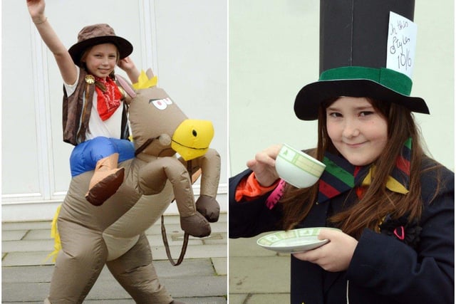 Keira Short as Woody from Toy Story and Emily Cook as the Mad Hatter at Sompting Village Primary School in 2013