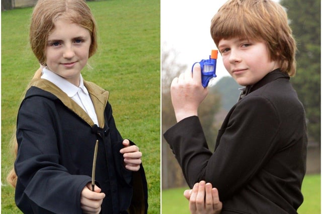 Molly McKeown dressed as Hannah Abbott from Harry Potter and James Martin dressed as James Bond at St Peter's Primary School in Shoreham in 2013