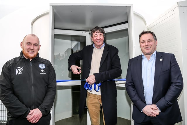 Academy Manager Kieran Scarff, co-owner Jason Neale and Chief Executive David Paton open the new dome.