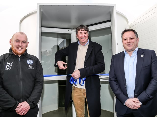 Academy Manager Kieran Scarff, co-owner Jason Neale and Chief Executive David Paton open the new dome.