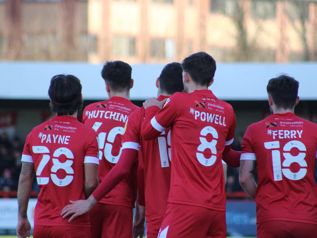 Reds players celebrate Ashley Ndaesan's opener. Crawley Town v Forest Green Rovers. Picture by Cory Pickford SUS-220226-174514004