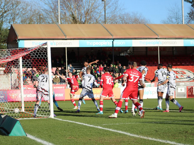 The ball in the net after Jordan Tunnicliffe's header. Crawley Town v Forest Green Rovers. Picture by Cory Pickford SUS-220226-174557004