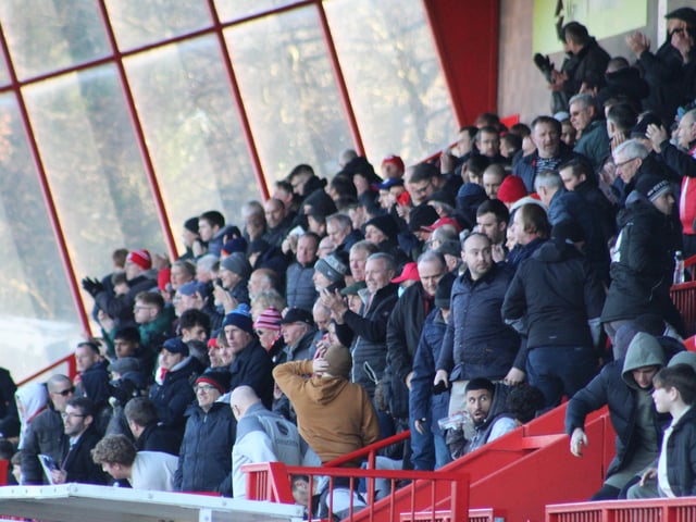 Reds fans. Crawley Town v Forest Green Rovers. Picture by Cory Pickford SUS-220226-174749004