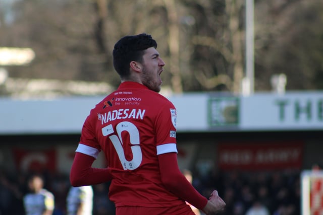 Ashley Nadesan celebrates his goal. Crawley Town v Forest Green Rovers. Picture by Cory Pickford SUS-220226-174030004