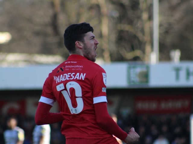 Ashley Nadesan celebrates his goal. Crawley Town v Forest Green Rovers. Picture by Cory Pickford SUS-220226-174030004
