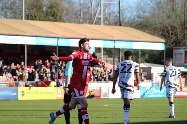 Ashley Nadesan celebrates his goal. Crawley Town v Forest Green Rovers. Picture by Cory Pickford SUS-220226-174117004