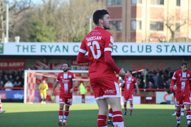 Ashley Nadesan celebrates his goal. Crawley Town v Forest Green Rovers. Picture by Cory Pickford SUS-220226-174047004