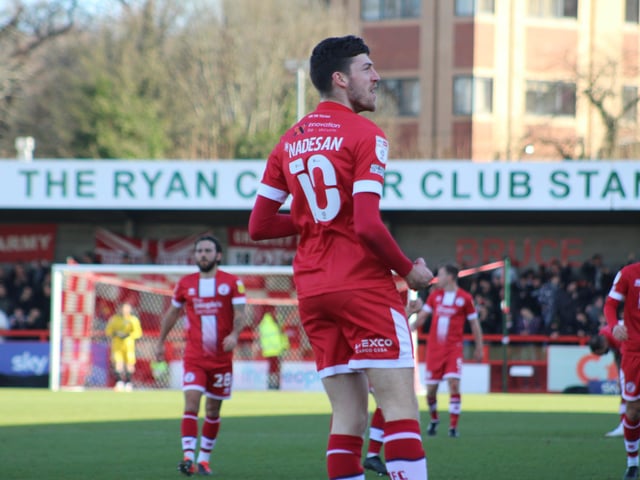 Ashley Nadesan celebrates his goal. Crawley Town v Forest Green Rovers. Picture by Cory Pickford SUS-220226-174047004