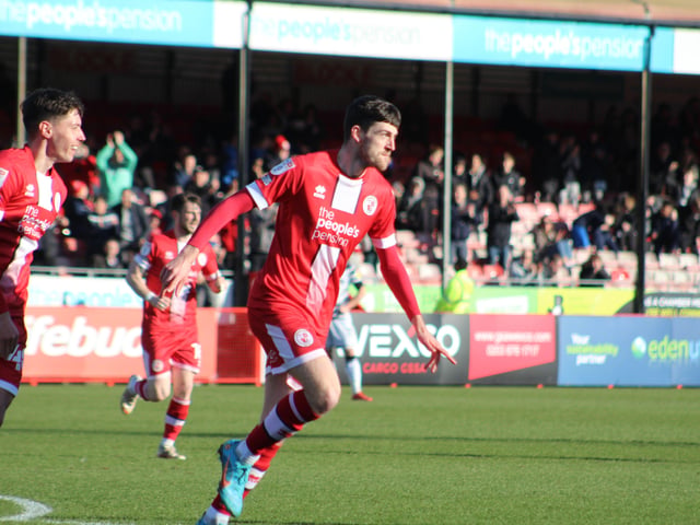 Ashley Nadesan celebrates his goal. Crawley Town v Forest Green Rovers. Picture by Cory Pickford SUS-220226-174102004
