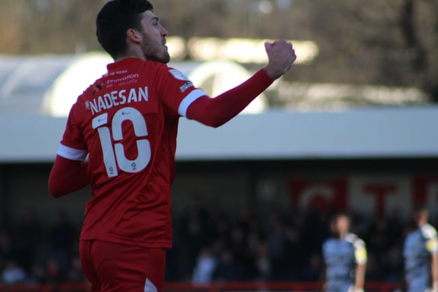 Ashley Nadesan celebrates his goal. Crawley Town v Forest Green Rovers. Picture by Cory Pickford SUS-220226-174130004