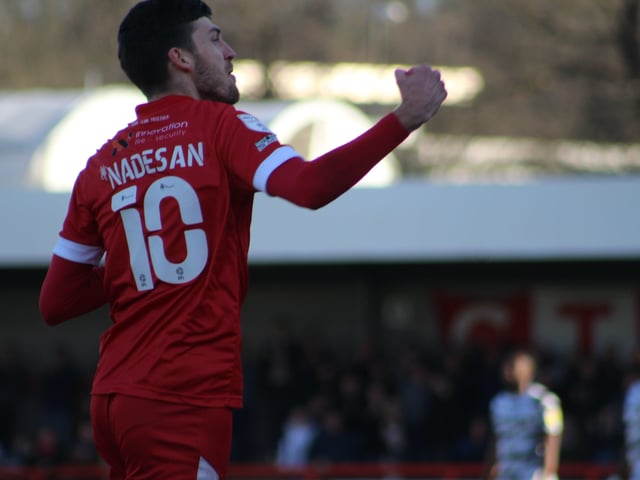Ashley Nadesan celebrates his goal. Crawley Town v Forest Green Rovers. Picture by Cory Pickford SUS-220226-174130004