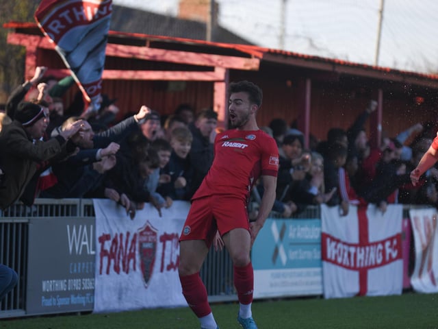Action and goal celebrations from Worthing's 3-0 Isthmian premier win over Enfield at Woodside Road / Pictures: Marcus Hoare