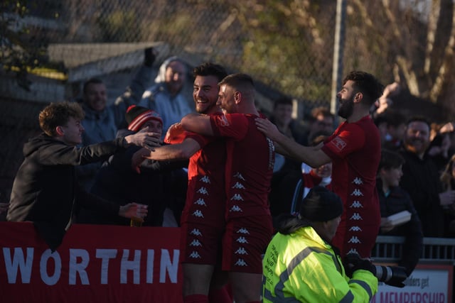 Action and goal celebrations from Worthing's 3-0 Isthmian premier win over Enfield at Woodside Road / Pictures: Marcus Hoare