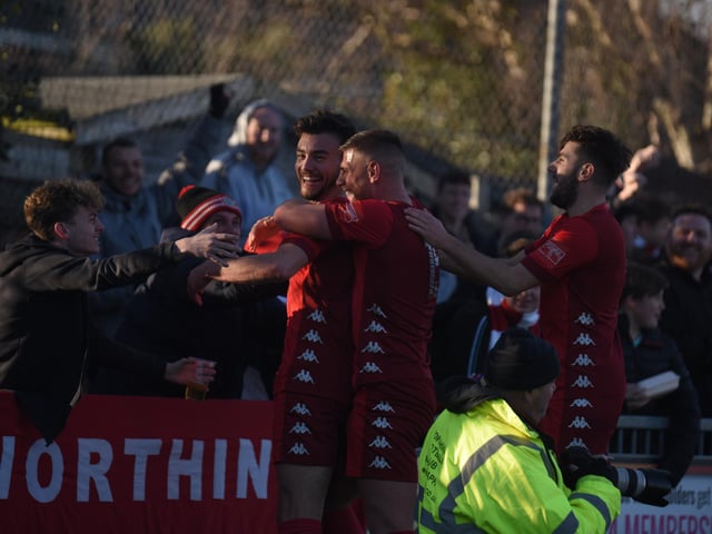 Action and goal celebrations from Worthing's 3-0 Isthmian premier win over Enfield at Woodside Road / Pictures: Marcus Hoare