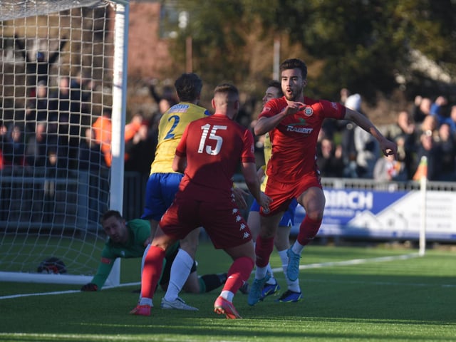 Action and goal celebrations from Worthing's 3-0 Isthmian premier win over Enfield at Woodside Road / Pictures: Marcus Hoare