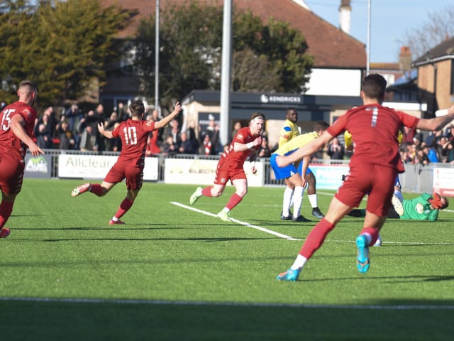 Action and goal celebrations from Worthing's 3-0 Isthmian premier win over Enfield at Woodside Road / Pictures: Marcus Hoare