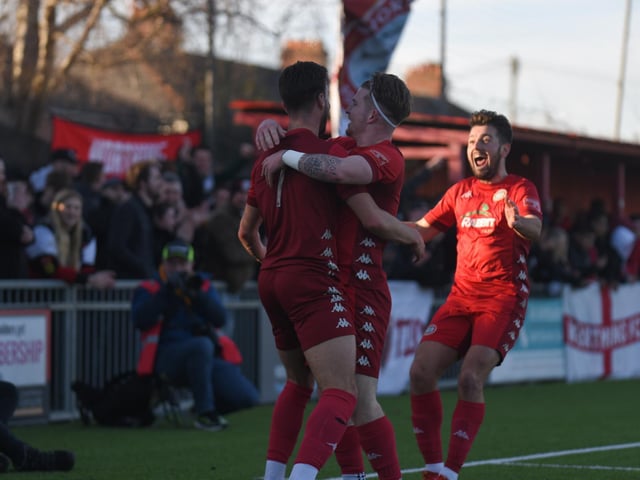 Action and goal celebrations from Worthing's 3-0 Isthmian premier win over Enfield at Woodside Road / Pictures: Marcus Hoare
