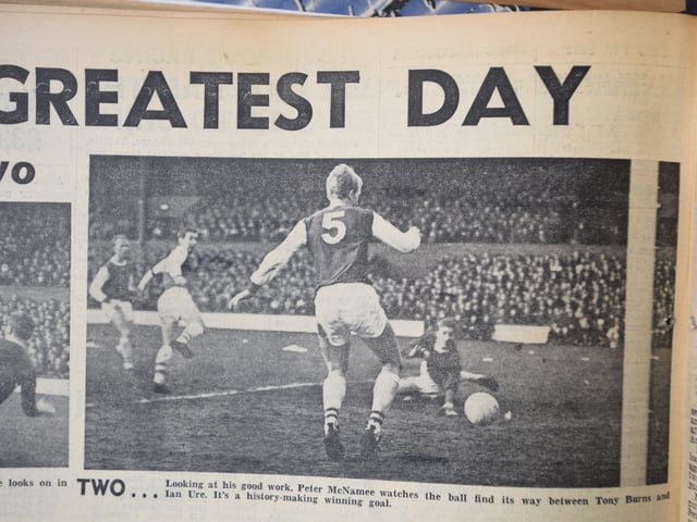 It remains the only time Posh have been a top-flight side in the FA Cup after goals from club greats Derek Dougan and Peter McNamee (pictured scoring the winning goal) delivered a come-from-behind 2-1 win. John Radford had opened the scoring for Arsenal.