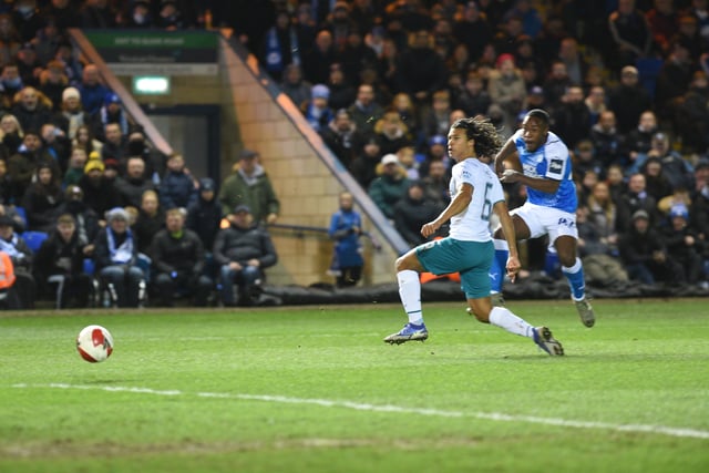 This early shot from Posh midfielder Jeando Fuchs was saved by City 'keeper Ederson.