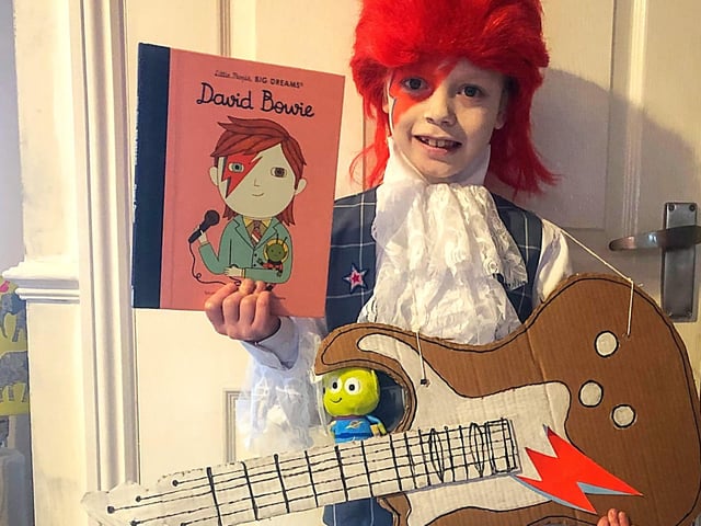 Archie, aged eight, who attends Sargent Primary School in Stamford dressed up as music legend David Bowie.