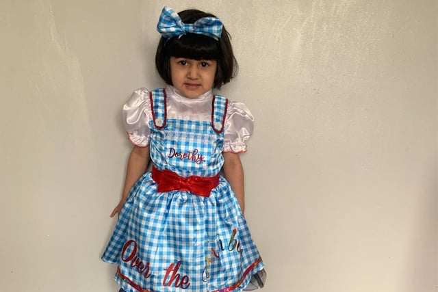 Minahil Farooq, aged three, dressed as Dorothy from the Wizard of Oz