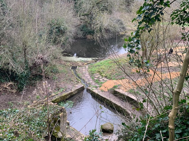A natural spring bubbles up from beneath a man made grotto, or 'folly', built in the mid 18th Century, in the corner of the site which supplies the eight ponds at Holywell.