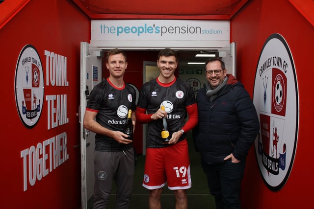 Joint February Players of the Month Tony Craig and Jordan Tunnicliffe with Crawley Observer editor Mark Dunford. Crawley Town v Scunthorpe United. Picture by Cory Pickford SUS-220503-184522004
