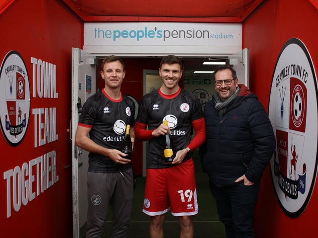Joint February Players of the Month Tony Craig and Jordan Tunnicliffe with Crawley Observer editor Mark Dunford. Crawley Town v Scunthorpe United. Picture by Cory Pickford SUS-220503-184522004