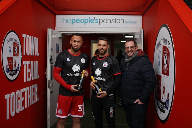 Joint January Players of the Month Joel Lynch and Glenn Morris with Crawley Observer editor Mark Dunford.Crawley Town v Scunthorpe United. Picture by Cory Pickford SUS-220503-184533004