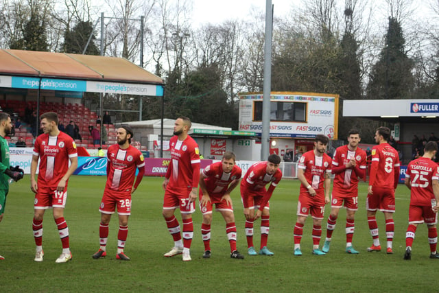 Reds players line-up before kick-off. Crawley Town v Scunthorpe United. Picture by Cory Pickford SUS-220503-184039004
