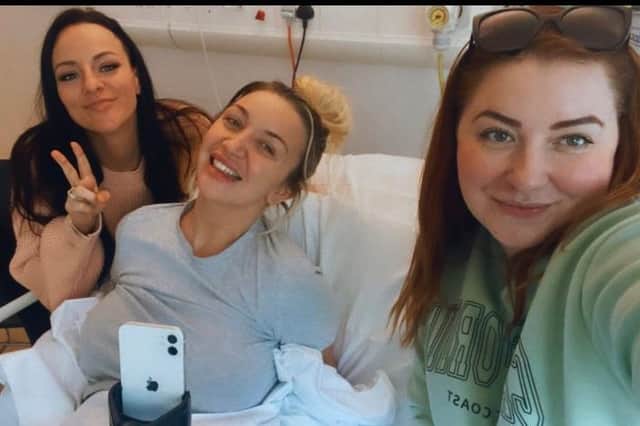 Almost £25,000 has been raised to support Sadie Kemp (centre), 34, of Sawtry, Huntingdon, who survived sepsis but sustained life changing injuries, pictured with friends Natalie Goodwin (left) and Stephanie King (right).