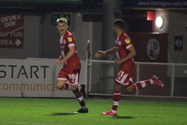 Jake Hessenthaler celebrates his goal. Crawley Town v Bristol Rovers. Picture by Cory Pickford SUS-220803-233804004