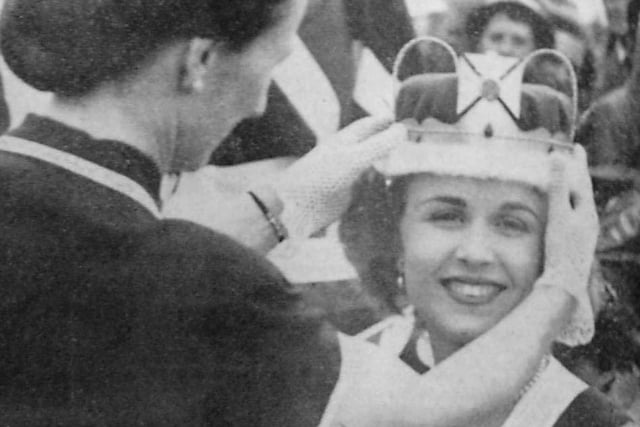 Mrs W.D. Wright, wife of the chairman of Lancing Parish Council, crowned 19-year-old Patricia French as Carnival Queen