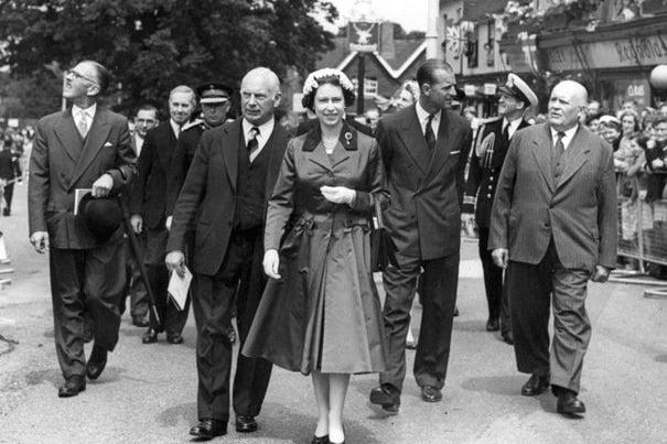 The Queen in Prince Philip in Crawley in 1958