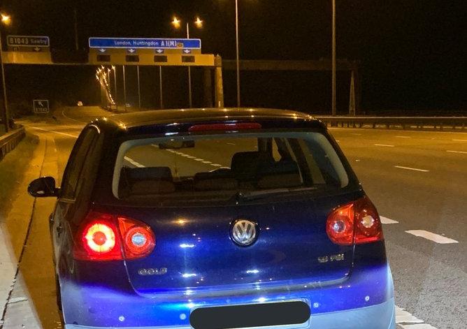 Vehicle stopped on the A1M at Sawtry. The driver had no licence