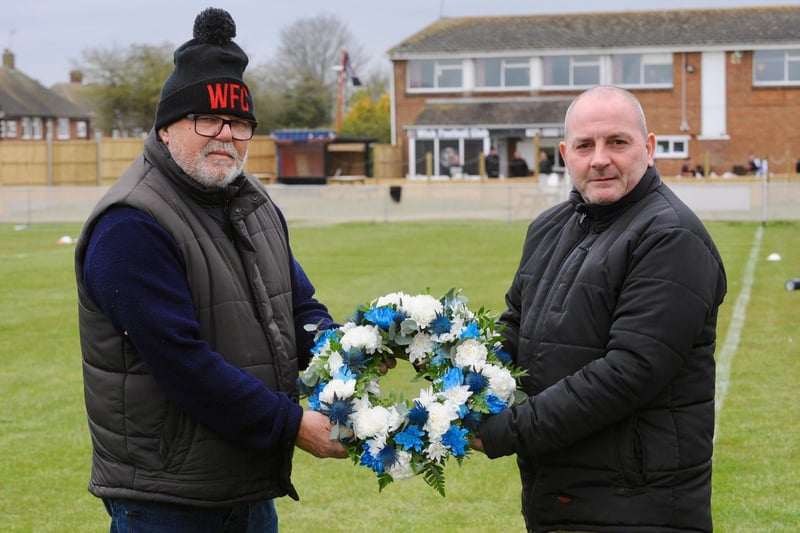 Stuart Slaney and Keith Croft lay a wreath in memory of Shoreham FC joint chairman Ralph Prodger, who died recently / Picture: Stephen Goodger