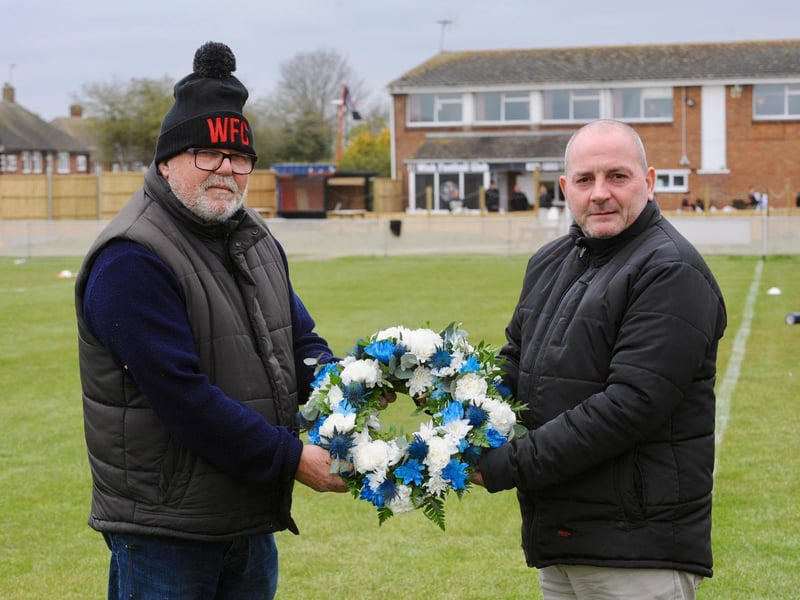 Stuart Slaney and Keith Croft lay a wreath in memory of Shoreham FC joint chairman Ralph Prodger, who died recently / Picture: Stephen Goodger