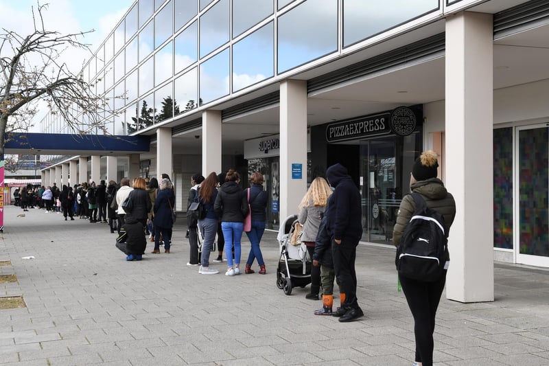 Shoppers this morning faced long socially distanced queues to get into Centre:MK.