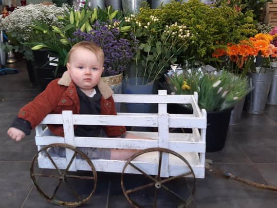 Rory Flear, nine months, at Baskets & Bunches, Sheaf Street.