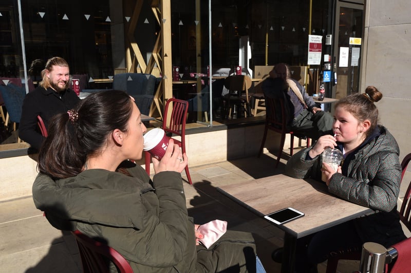 People enjoyed a drink and a bite to eat in Peterborough today for the first time this year, leading to full car parks