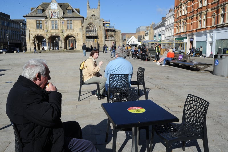People enjoyed a drink and a bite to eat in Peterborough today for the first time this year, leading to full car parks