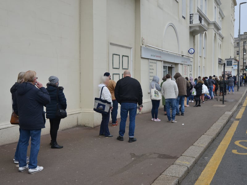 Debenhams in Hastings reopens on April 12 2021 for its closing down sale.
Queue pictured in Havelock Road SUS-211204-150221001
