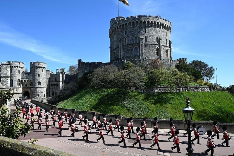 The Foot Guards Band march into position at Windsor Castle ahead of the funeral