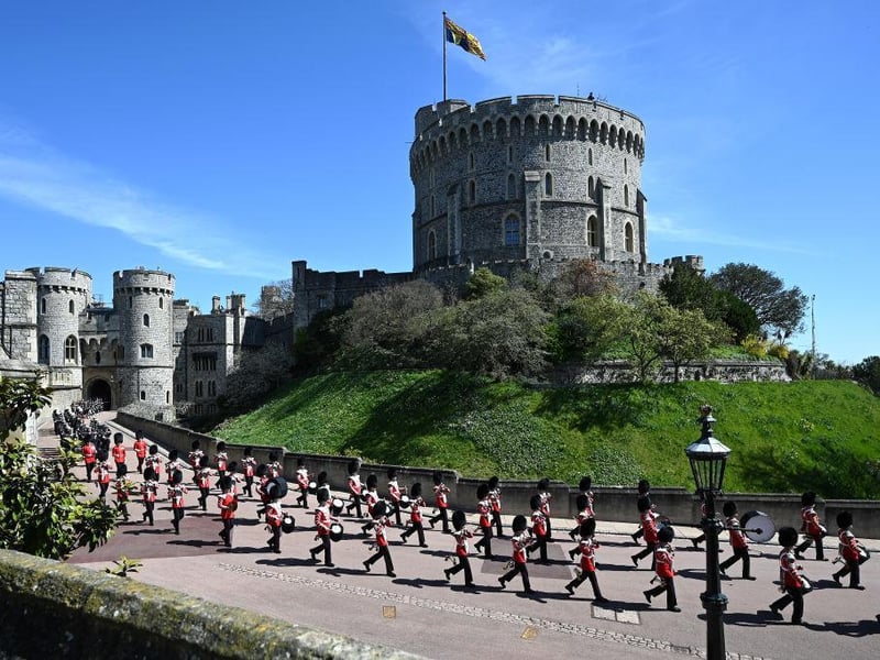 The Foot Guards Band march into position at Windsor Castle ahead of the funeral
